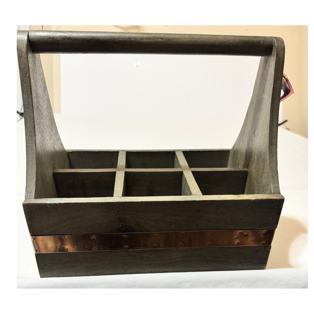 Farmhouse Wood Beer Caddy with Bottle Opener Bar Organizer Copper Accent Decor